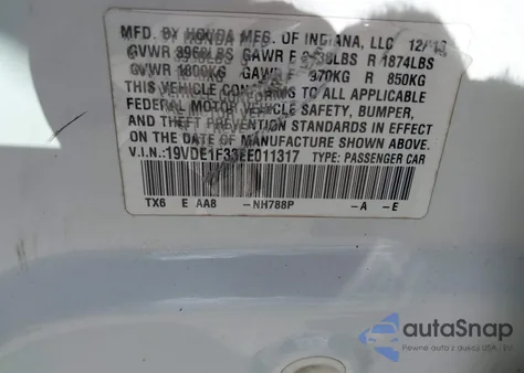 2014 Acura Ilx 2.0L z USA, uszkodzony, nr VIN 19VDE1F33EE011317